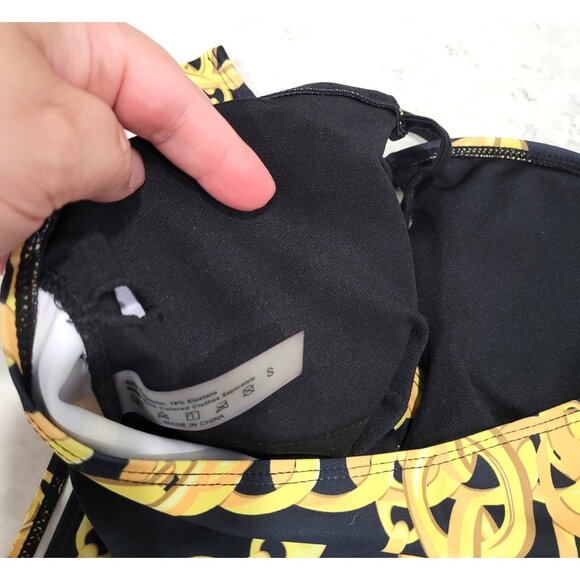 Chain Print Black & Gold One-Piece Swimsuit with Halter Tie & Lace Up Front S - Picture 5 of 7